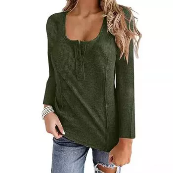 Women s Casual Fashion U-Neck Button Solid Color Long Sleeve Top L