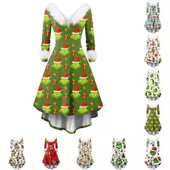 Women s Casual Fashion V-Neck Furry Print Long Sleeve Dress L армия зеленый