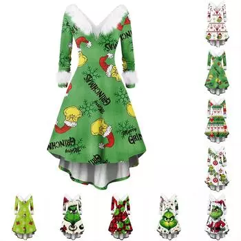 Women s Casual Fashion V-Neck Furry Print Long Sleeve Dress L армия зеленый