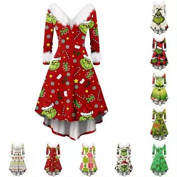 Women s Casual Fashion V-Neck Furry Print Long Sleeve Dress L армия зеленый