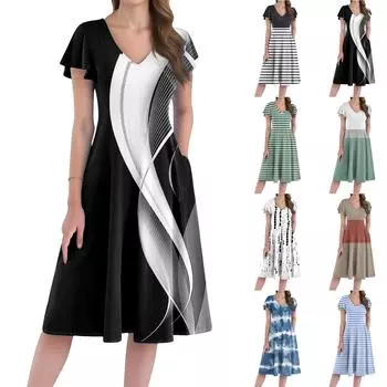 Women s Casual Fashion V-neck Short Sleeve Print Dress With Pockets L синий