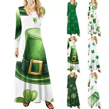 Women s Casual Fashion V-Neck St. Patrick s Day Printed Long Sleeve Vintage Dress L армия зеленый