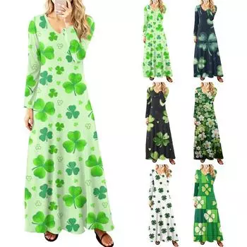 Women s Casual Fashion V-Neck St. Patrick s Day Printed Long Sleeve Vintage Dress L армия зеленый