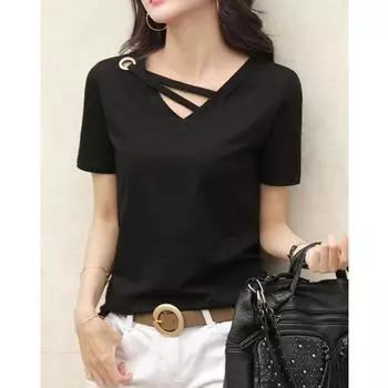 Women s Casual Fashion V-Neck Top Summer White T-shirt M чёрный