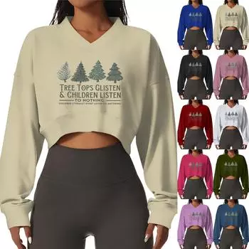 Женская повседневная модная удобная мягкая спортивная толстовка с V-образным вырезом и рождественским принтом с длинным рукавом S фиолетовый