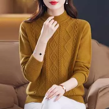 Women s Casual High Neck Color Block Pullover Sweater with Long Sleeves - Viscose Blend, High Stretch, Knit Fabric S жёлтый
