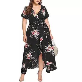 Women s Casual High Waist Belly Concealing V-Neck Print Plus Size Dresses L