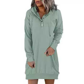 Women s Casual Hooded Dress Fall Long Sleeve Sweatshirt Solid Color Button Neck Drawstring Pullovers Lightweight Hoodies Dress XS темно-синий
