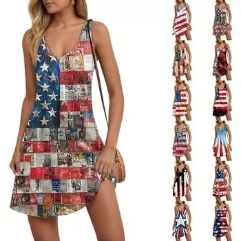 Women s Casual Independence Day Print V-Neck Tank Sleeveless Dress Pockets Beach Dress XXXL красный