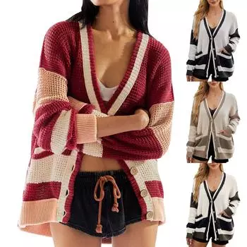 Women s Casual Knitted Jacket Pocket Color Blocked Cardigan Sweater Loose Jacket S красный