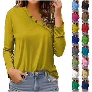 Женские повседневные блузки с длинным рукавом, плиссированные футболки с перекрестным воротом и воротником на пуговицах, туники, футболки, пуловеры, топы L