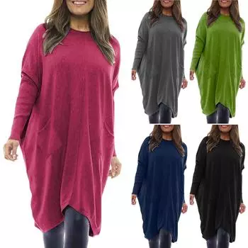 Женское повседневное свободное платье с длинным рукавом и круглым вырезом, однотонное, с карманами L чёрный