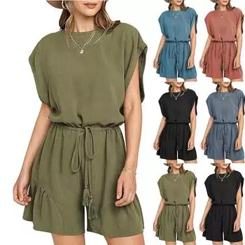 Women s Casual Loose Covered Sleeve Drawstring Cotton Linen Jumpsuit S