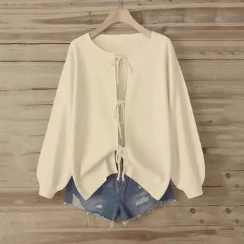 Women s Casual Loose Fashion Long-sleeved Solid Color Drawstring Knitted Sweater Top L бежевый