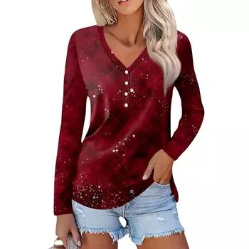 Women s Casual Loose Halloween Printed Long Sleeved V-neck Button Down Shirt S киноварь