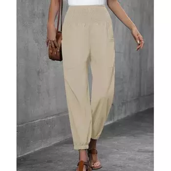 Women s Casual Loose Solid Color Pocket High Waisted Pants, Casual Pants, Leg Binding Pants L бежевый