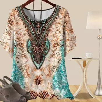Женская повседневная свободная весенняя рубашка, женские топы с коротким рукавом в стиле ретро с принтом «Тотем Метеор» XS синий