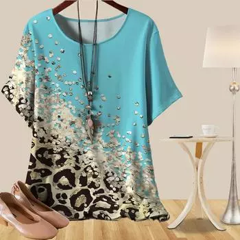 Женская повседневная свободная весенняя рубашка, женские топы с коротким рукавом и градиентным леопардовым принтом XS синий
