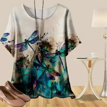 Женская повседневная свободная весенняя рубашка, женские топы с коротким рукавом и принтом в виде стрекозы XS синий