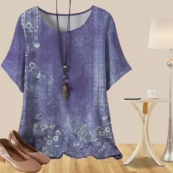 Женская повседневная свободная весенняя рубашка, женские топы с коротким рукавом и принтом в виде растительных элементов XS синий