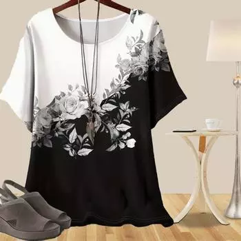 Женская повседневная свободная весенняя рубашка, женские топы с коротким рукавом и цветочным принтом XS чёрный
