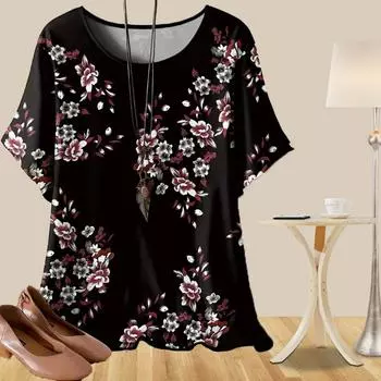 Женская повседневная свободная весенняя рубашка, женские топы с коротким рукавом, бабочками, акварельными цветами и растениями XS чёрный