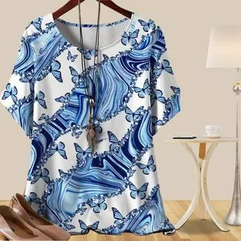 Женская повседневная свободная весенняя рубашка, женские топы с коротким рукавом и принтом в виде бабочек и мраморных полос XS синий