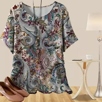 Женская повседневная свободная весенняя рубашка, женские топы с коротким рукавом и принтом в виде ретро-тотемных цветов и растений XS синий