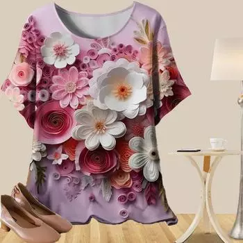 Женская повседневная свободная весенняя рубашка, женские топы с коротким рукавом и принтом в виде бумажных цветов ручной работы XS розовый