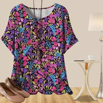 Женская повседневная свободная весенняя рубашка, женские топы с коротким рукавом и принтом в виде цветов лилии и трубы XS синий