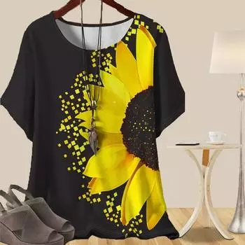 Женская повседневная свободная весенняя рубашка, женские топы с коротким рукавом и принтом подсолнечника XS синий