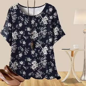 Женская повседневная свободная весенняя рубашка, женские топы с коротким рукавом и винтажным принтом в виде растений и ромашек XS синий