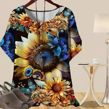 Женская повседневная свободная весенняя рубашка, женские топы с коротким рукавом и принтом подсолнухов и бабочек XS жёлтый