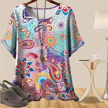 Women s Casual Loose Spring Shirt Women s Short Sleeve Colorful Simple Stroke Patterns Printed Tops XS синий