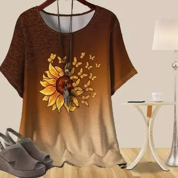 Women s Casual Loose Spring Shirt Women s Short Sleeve Sunflowers&Butterflies&Dandelions Printed Tops XS синий