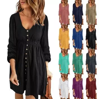 Женское повседневное свободное платье с v-образным вырезом и талией на пуговицах и длинными рукавами L чёрный