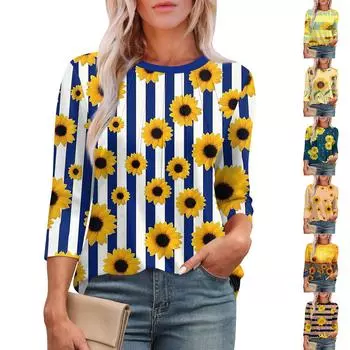 Women s Casual Round Neck Slim Sunflower Print Pleated Seven Sleeve Top XXXL