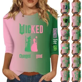 Women s Casual Round Neck Three-quarter Sleeve Witch Print T-shirt Top L чёрный