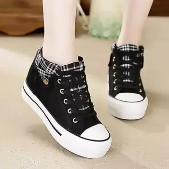 Women s Casual Shoes Flats Ladies Thick Sole Wedge Canvas Shoes Fashion Cowboy Shoes Women Sneakers Lace Up Zapatillas De Mujer 35 чёрный