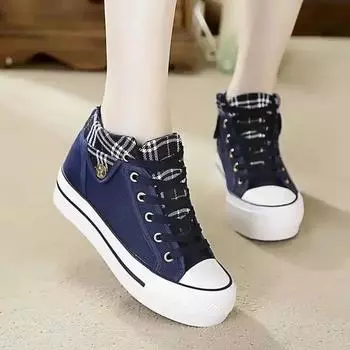 Women s Casual Shoes Flats Ladies Thick Sole Wedge Canvas Shoes Fashion Cowboy Shoes Women Sneakers Lace Up Zapatillas De Mujer 35 чёрный