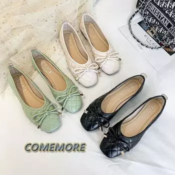 Женские повседневные туфли из эластичной ткани, балетки на плоской подошве с бабочкой и дышащим квадратным носком, удобные осенние туфли из ПУ зеленого цвета 35 бежевый