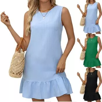 Women s Casual Short Summer Dress Sleeveless Round Neck Cute Ruffle Dress M зелёный