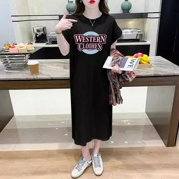 Women s Casual Simple Western Style Summer Fashion Slit Dress Simple Letter T-shirt Dress M чёрный