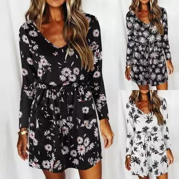 Женское повседневное облегающее платье с V-образным вырезом и принтом, длинными рукавами и высокой талией L чёрный