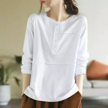 Women s Casual Slimming Long Sleeve T-shirt with Splicing and Button Bottom for Spring and Autumn M
