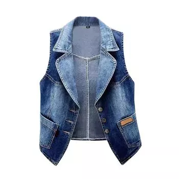 Женская повседневная однотонная укороченная джинсовая куртка без рукавов S синий