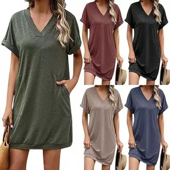 Женские повседневные однотонные модные свободные платья с v-образным вырезом и карманами с короткими рукавами L
