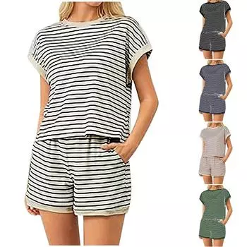 Женский повседневный полосатый повседневный контрастный костюм L чёрный