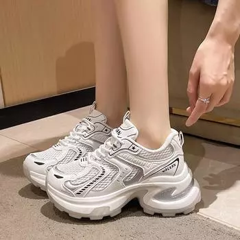 Women s Casual Thick-soled Comfortable Vulcanized Shoes Women s Round Toe Lace-up Mesh Breathable Non-slip Sneakers 35 бежевый