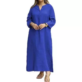 Women s Casual V-Neck Long Sleeve Dress with Pockets L кофейный